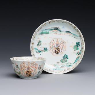 A Chinese famille rose cup and saucer with the arms of Beekman of Zeeland for the Dutch market, Yongzheng