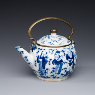 A Chinese blue and white 'Eight Immortals' teapot with bronze mounts for the Thai market, Yong Mao Yuan Ji 永茂源記 mark, 19th C.