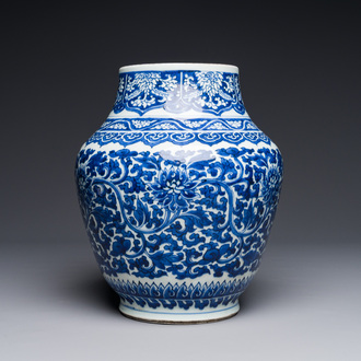 A Chinese blue and white 'lotus scroll' vase, Transitional period