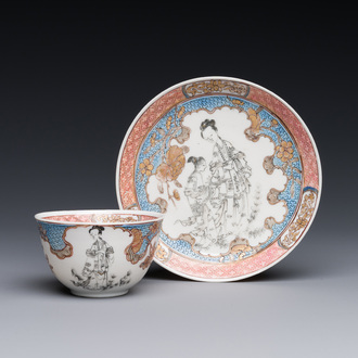 A Chinese famille rose and grisaille 'Xiwangmu receiving a peach' cup and saucer, Yongzheng