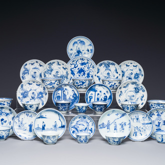 A collection of 15 Chinese blue and white cups and 19 saucers, Kangxi/Yongzheng