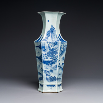 A Chinese blue and white double lozenge-shaped vase with a mountainous river landscape, 19th C.