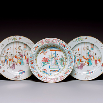 A pair of Chinese famille rose plates with mandarin design and a famille rose 'Xi Xiang Ji' plate, Yongzheng/Qianlong