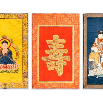 Three Chinese embroidered silk cloths with figural designs, 19/20th C.