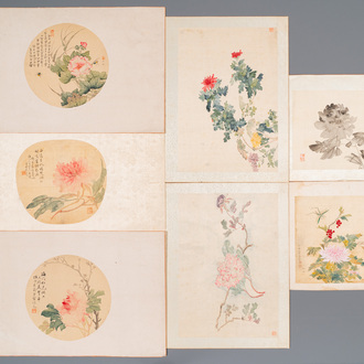 Chinese school: Zeven werken met insecten en pioenrozen, inkt en kleur op zijde, 19/20e eeuw