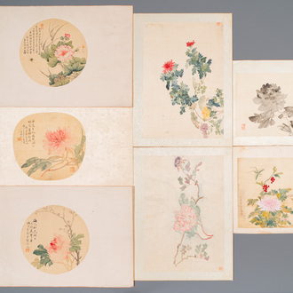 Chinese school: Seven works with insects and peonies, ink and colour on silk, 19/20th C.