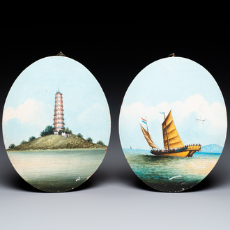 Chinese Canton school: 'Whampoa Pagoda' and 'Trading Junk South China', gouache on panel, 19th C.