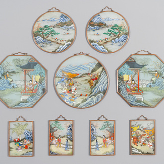 A collection of nine Chinese reverse glass paintings mounted as pendants, 19th C.