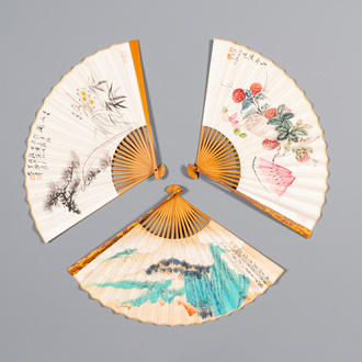 Three folding fans, follower of Zhang Daqian 張大千 (1899-1983) and Wu Hufang 吴湖帆 (1894-1968), ink and colour on paper