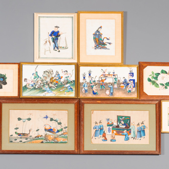 Dix peintures sur papier de riz à décor de personnages, de la faune et de la flore, Chine, Canton, 19/20ème