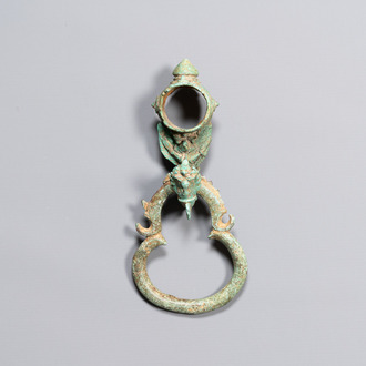 A bronze Khmer Bayon-style hanging hook from a palanquin, Angkor period, 12/13th C.