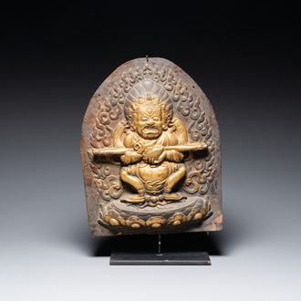 Plaque en cuivre dorée figurant 'Mahakala', Tibet, 19ème