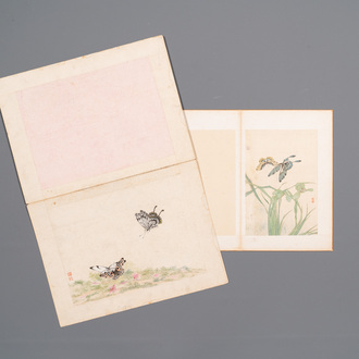 Chinese school: Two parts of an album with four drawings and a calligraphy, Lisheng 笠生 seal mark, 19/20th C.