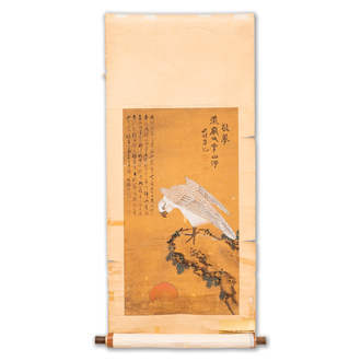 Suiveur de Lu Ji 呂紀 (1439-1505): 'Aigle et lever du soleil', encre et couleur sur soie, Ming ou postérieur