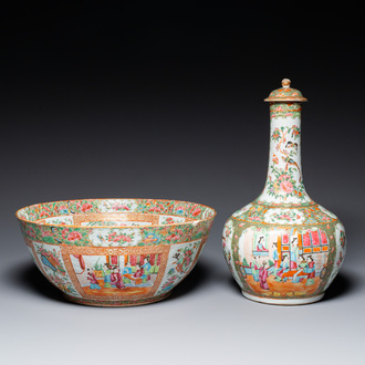 A Chinese Canton famille rose bowl and a covered bottle vase, 19th C.