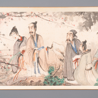 Fu Baoshi 傅抱石 (1904-1965): 'literati gathering', ink and colour on paper, dated 1943