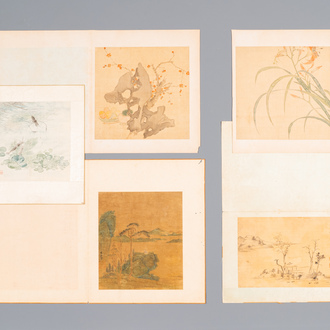 Chinese school: Five various works with landscapes and flowers, ink and colours on silk, signed Zizhou 子帚, 19/20th C.