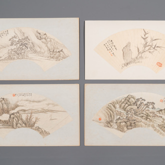 Ecole chinoise: Quatre peintures en forme d'éventail, encre et couleur sur papier, signé Bosheng 博生, 19/20ème