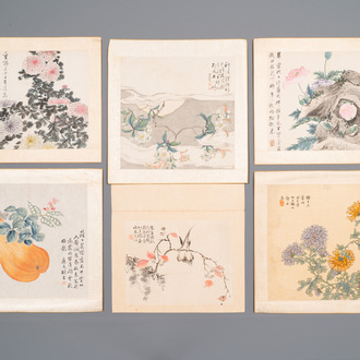 Chinese school: Zes werken met vogels, bloemen en fruit, inkt en kleur op papier, 19/20e eeuw