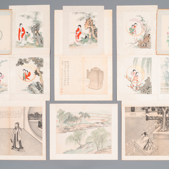 Chinese school: Thirteen various works, ink and colour on paper and silk, signed Xiaocun 晓邨 and Futing 富廷, 19/20th C.