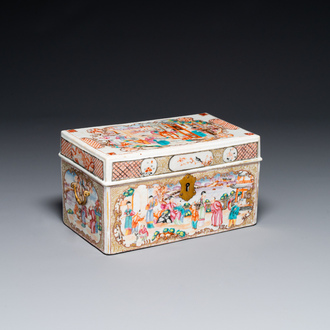 An extremely rare Chinese Canton famille rose 'mandarin subject' tea casket or chest with gilt bronze handles, Qianlong