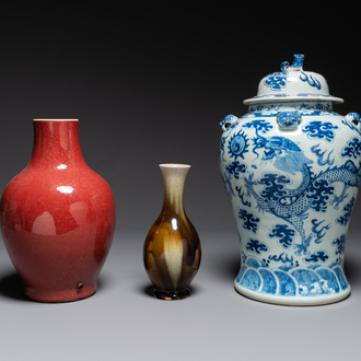 Two Chinese monochrome-glazed vases and a blue and white covered vase, 19th C.