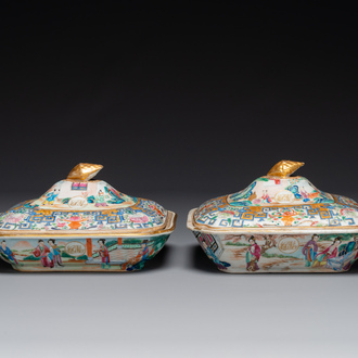 A pair of Chinese 'CSM' monogrammed Canton famille rose tureens and covers, 19th C.