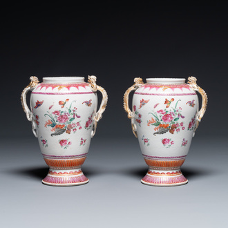 A pair of Chinese famille rose 'cornucopia' vases with chilong handles, Qianlong