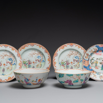 A pair of Chinese famille rose bowls and four plates, Yongzheng/Qianlong