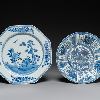 Een Chinese blauw-witte schotel en een octagonale 'Drie Vrienden van de Winter' schotel, Wanli en Qianlong