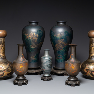 Sept vases en laque de Foochow ou Fuzhou, marques diverses, Chine, 19/20ème