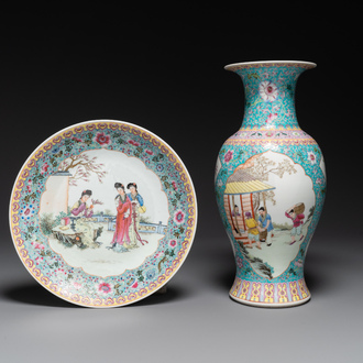 A Chinese famille rose dish with figural design and a 'rice production' vase, Qianlong mark, 20th C.