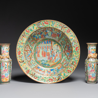 A Chinese Canton famille rose basin and a pair of vases with narrative design, 19th C.