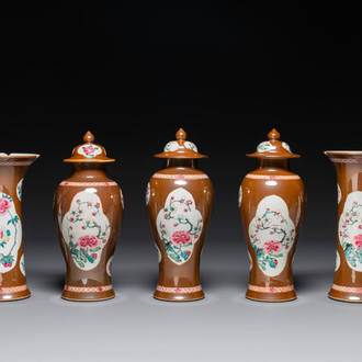 A Chinese capucin-brown-ground famille rose garniture of five vases with floral design, Yongzheng/Qianlong