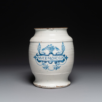 A large Delft blue and white albarello drug jar, probably England, 18th C.