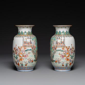 A pair of fine Chinese famille rose 'hundred boys' lantern-shaped vases, Yan Xi Tong He 燕囍同和 mark, Republic