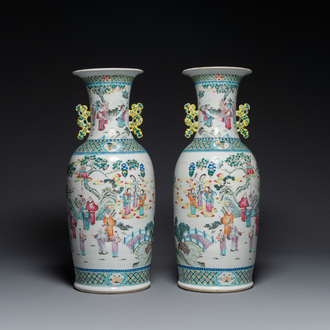 A pair of Chinese famille rose vases with narrative design, 19th C.