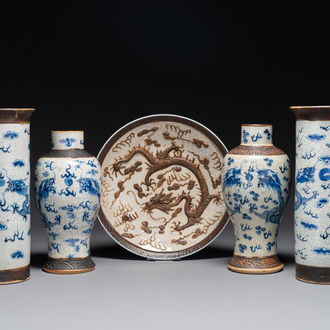 Two pairs of Chinese blue and white Nanking crackle-glazed 'dragon' vases and a dish, Chenghua mark, 19th C.