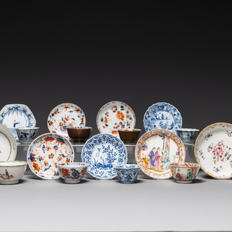 Nine Chinese blue and white, famille rose and Imari-style cups and saucers, Kangxi/Qianlong