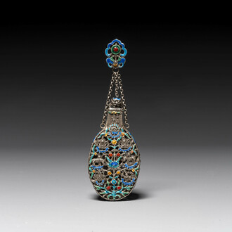 A Chinese openworked and partly enamelled silver bottle, 19th C.