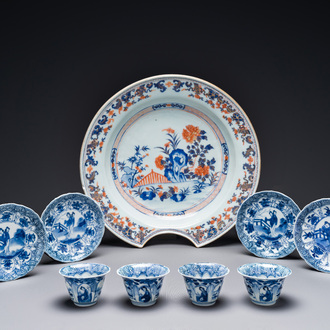 Four Chinese blue and white cups and saucers and a Chinese Imari-style shaving bowl, Kangxi Qianlong