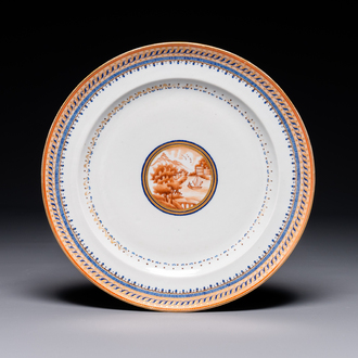 A Chinese blue-and-orange-enameled plate with a harbor view, Jiaqing