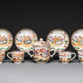 Four Chinese famille rose cups and saucers and a sugar bowl with design of two horses, Qianlong