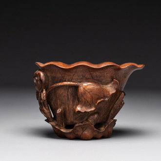 A Chinese carved bamboo 'lotus' libation cup, 17/18th C.