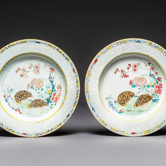 A pair of Chinese famille rose 'quail' plates, Yongzheng