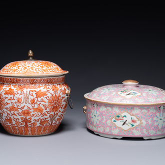 A Chinese iron-red-decorated covered bowl and a famille rose covered bowl, 19th C.