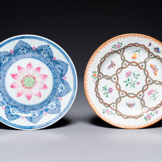 A Chinese famille rose 'lotus' plate for the Southeast Asian market and a 'butterfly and flower' plate, Yongzheng/Qianlong