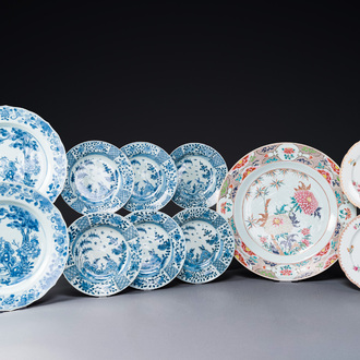 A varied collection of 11 pieces Chinese blue and white and famille rose porcelain, Yongzheng/Qianlong