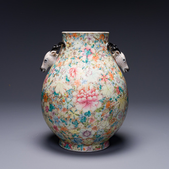 A Chinese famille rose 'millefleurs' 'hu' vase, Qianlong mark, Republic