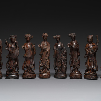 Eight Chinese wooden sculptures of female deities, 19th C.